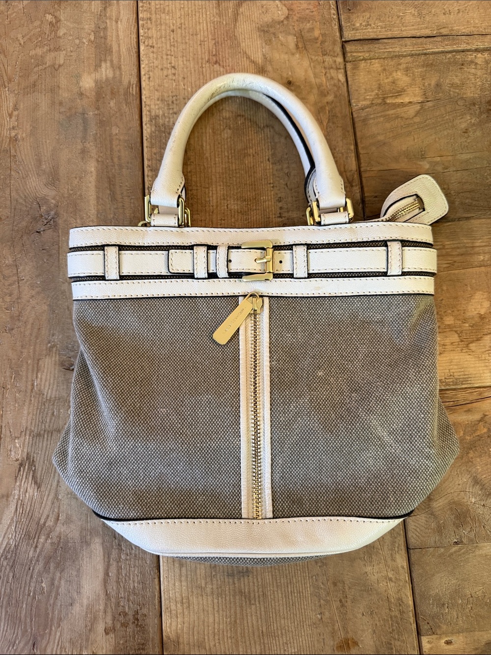 Michael Kors Beige Canvas Shoulder Bag with White Leather Trim